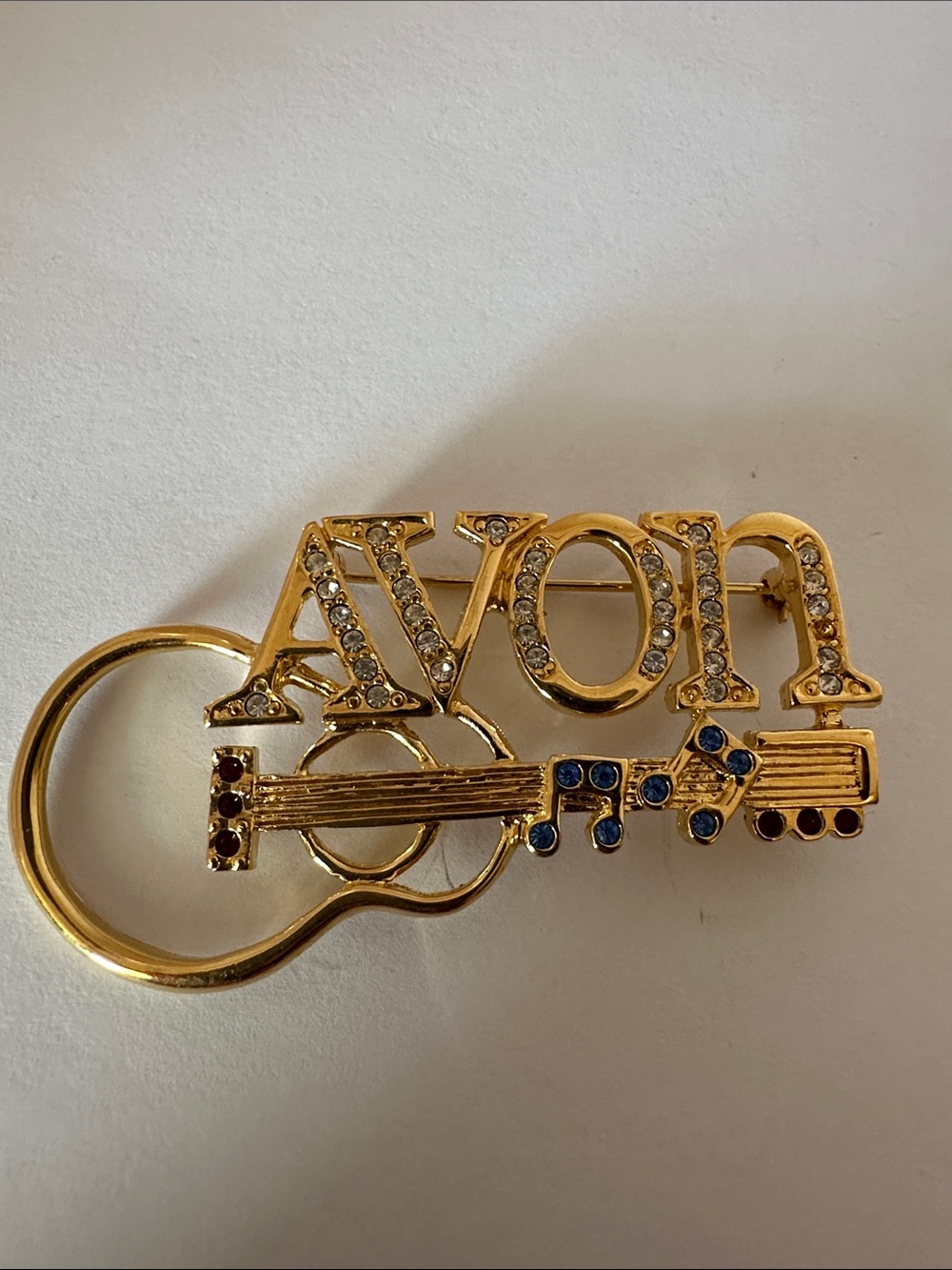 Gold Tone Avon Guitar Brooch with Crystal Accents